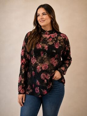 TORRID SHEER LACE STRETCH ROSE TOP SZ 1X